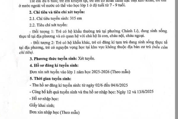 THÔNG BÁO TUYỂN SINH VÀO LỚP 1 TRƯỜNG TIỂU HỌC CHÁNH LỘ